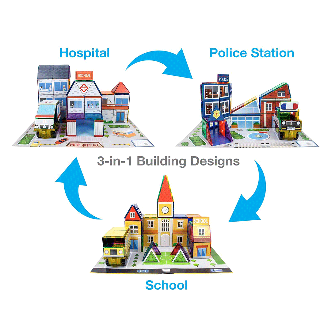 PicassoTiles 300pcs Magnetic Building Blocks 3-in-1 City Theme Children's Play Set - Make 3 different buildings