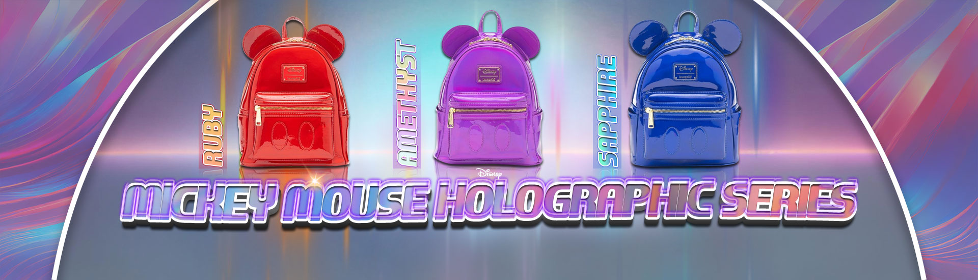 707 Street's Exclusive Mickey Mouse Holographic Series Mini Backpacks by Loungefly featuring red, purple and blue bags that cast different colors in the light.