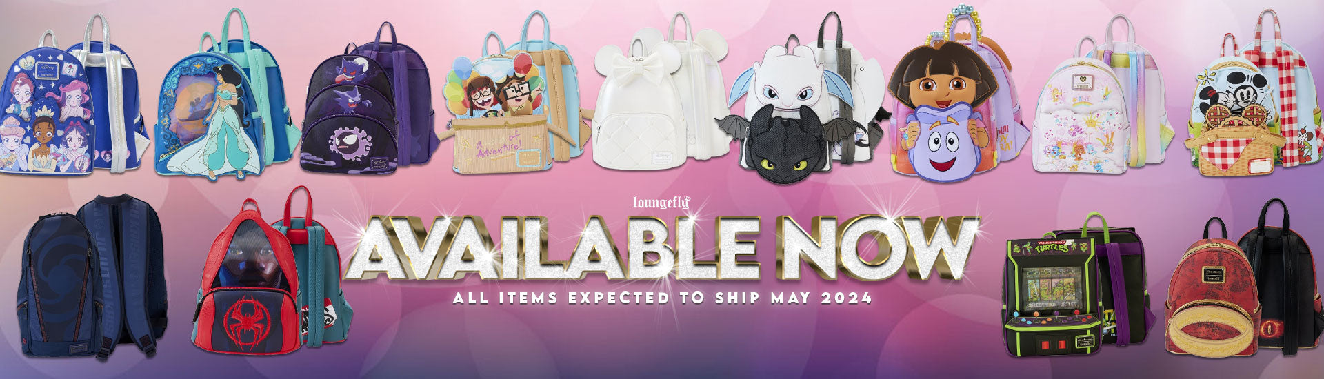 Loungefly May 2024 Collection Showcasing backpacks with designs from licenses such as Disney, How to Train You Dragon, Dora the Explorer, Pixar, Pokemon, Care Bears, Marvel and More