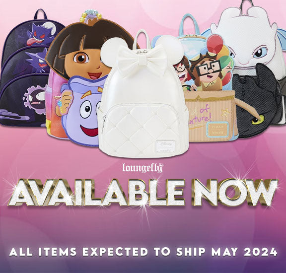 Loungefly May 2024 Collection Showcasing backpacks with designs from licenses such as Disney, How to Train You Dragon, Dora the Explorer, Pixar, Pokemon, Care Bears, Marvel and More