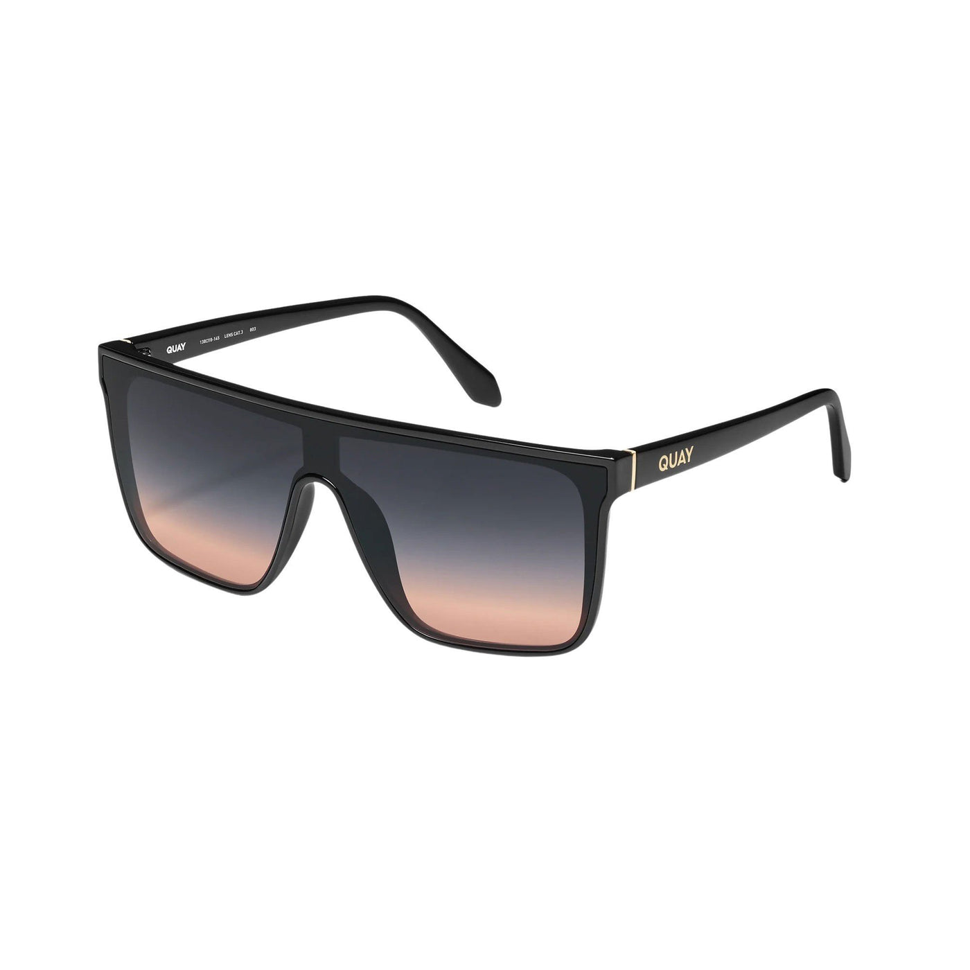 Quay Women's Nightfall Flat Top Shield Sunglasses - Black Frame/Black Fade to Coral Lens - 3/4 angle