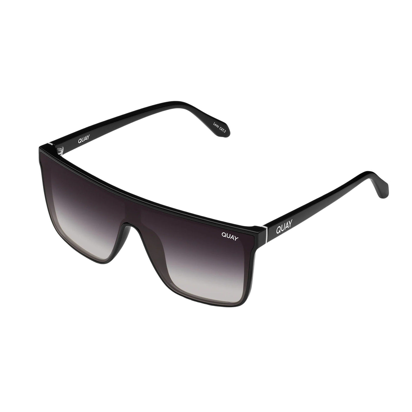 Quay Women's Nightfall Flat Top Shield Sunglasses - Black Frame/Black Fade Polarized Lens  - 3/4 left angle