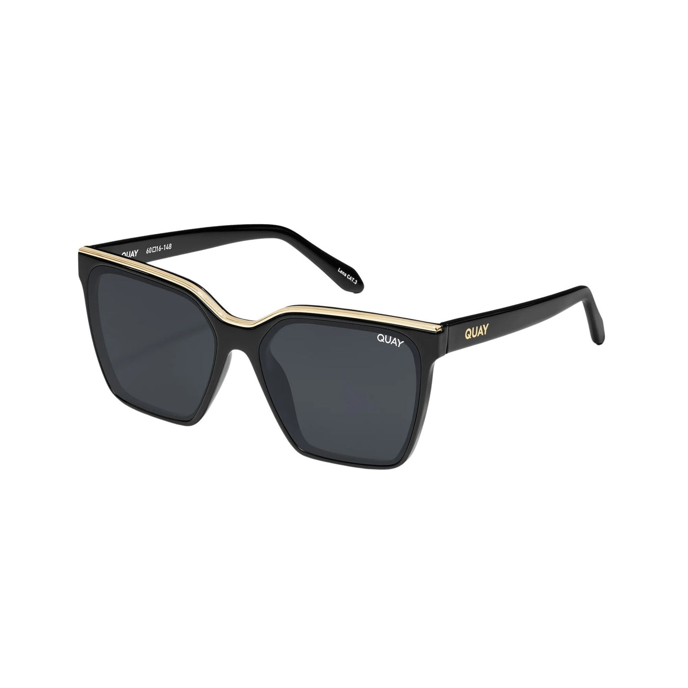 Quay Women's Level Up Square Sunglasses (Black Gold Frame/Smoke Lens) - 3/4 left angle