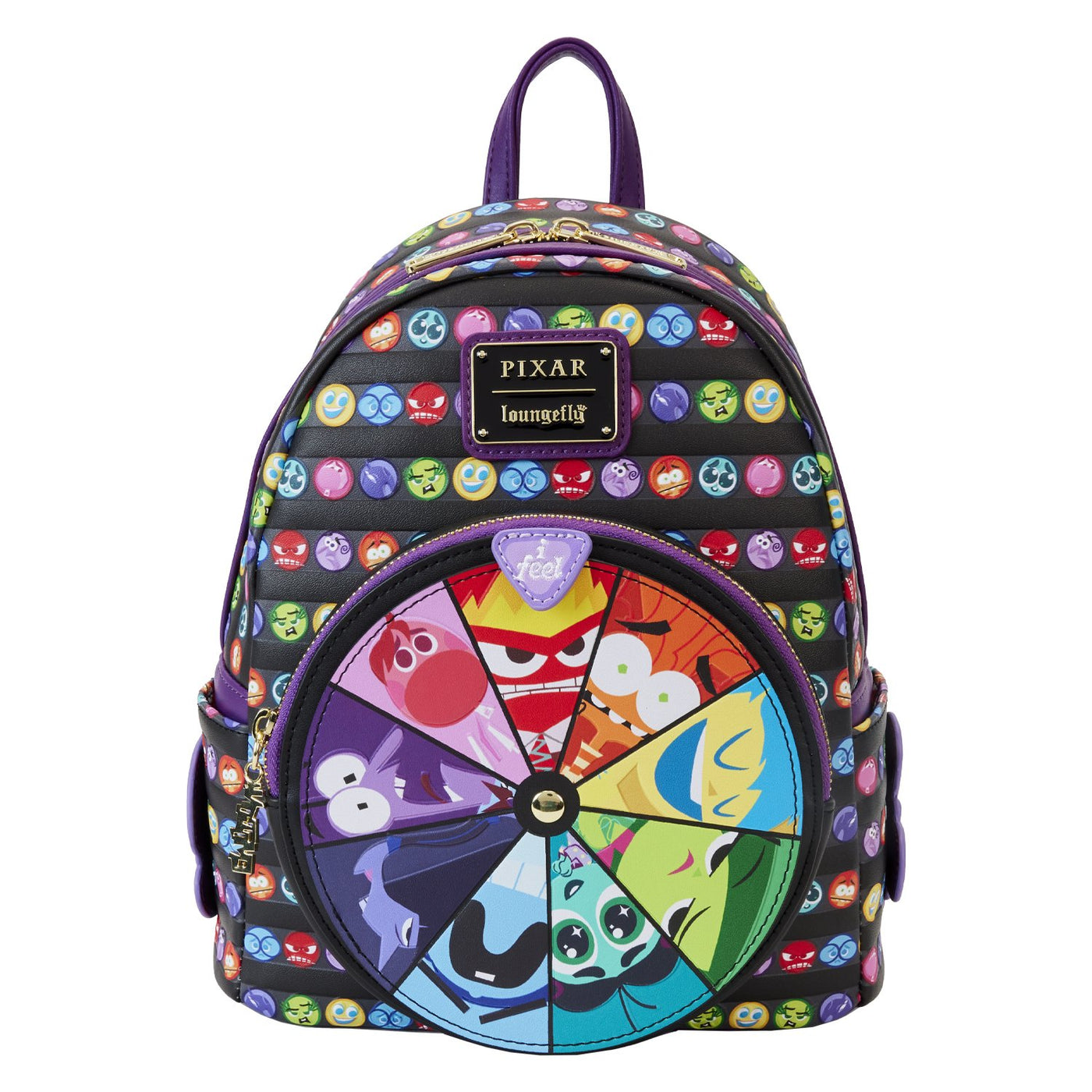 Loungefly Pixar Inside Out 2 Core Memories Mini Backpack - Front Spinning Feature Landing on Anger