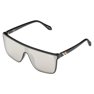 Quay Women's Nightfall Flat Top Shield Sunglasses - Black Frame/Silver Lens  - 3/4 left angle