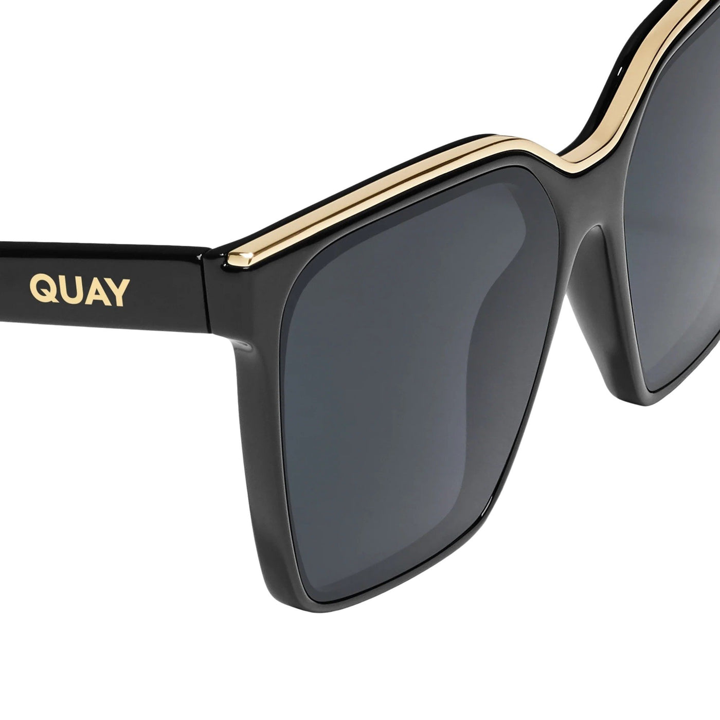 Quay Women's Level Up Square Sunglasses (Black Gold Frame/Smoke Lens) - zoomed in right profile