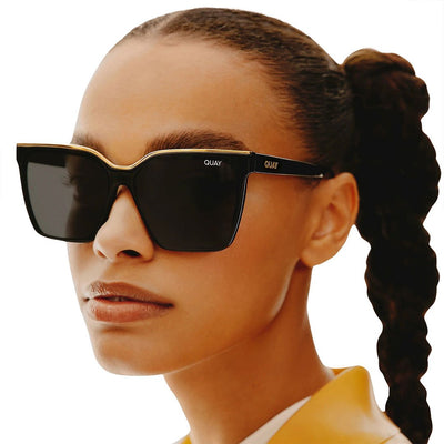 Quay Women's Level Up Square Sunglasses - Black Gold Frame/Smoke Polarized Lens - Model
