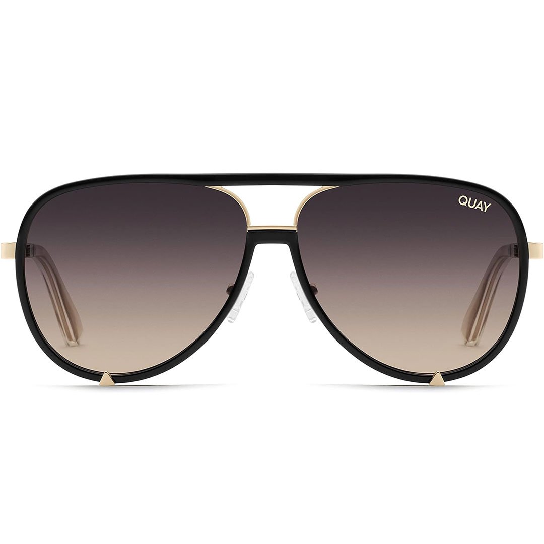 Quay Women's High Profile Luxe Aviator Sunglasses - Black Gold Frame/Smoke Taupe Polarized Lens - Front