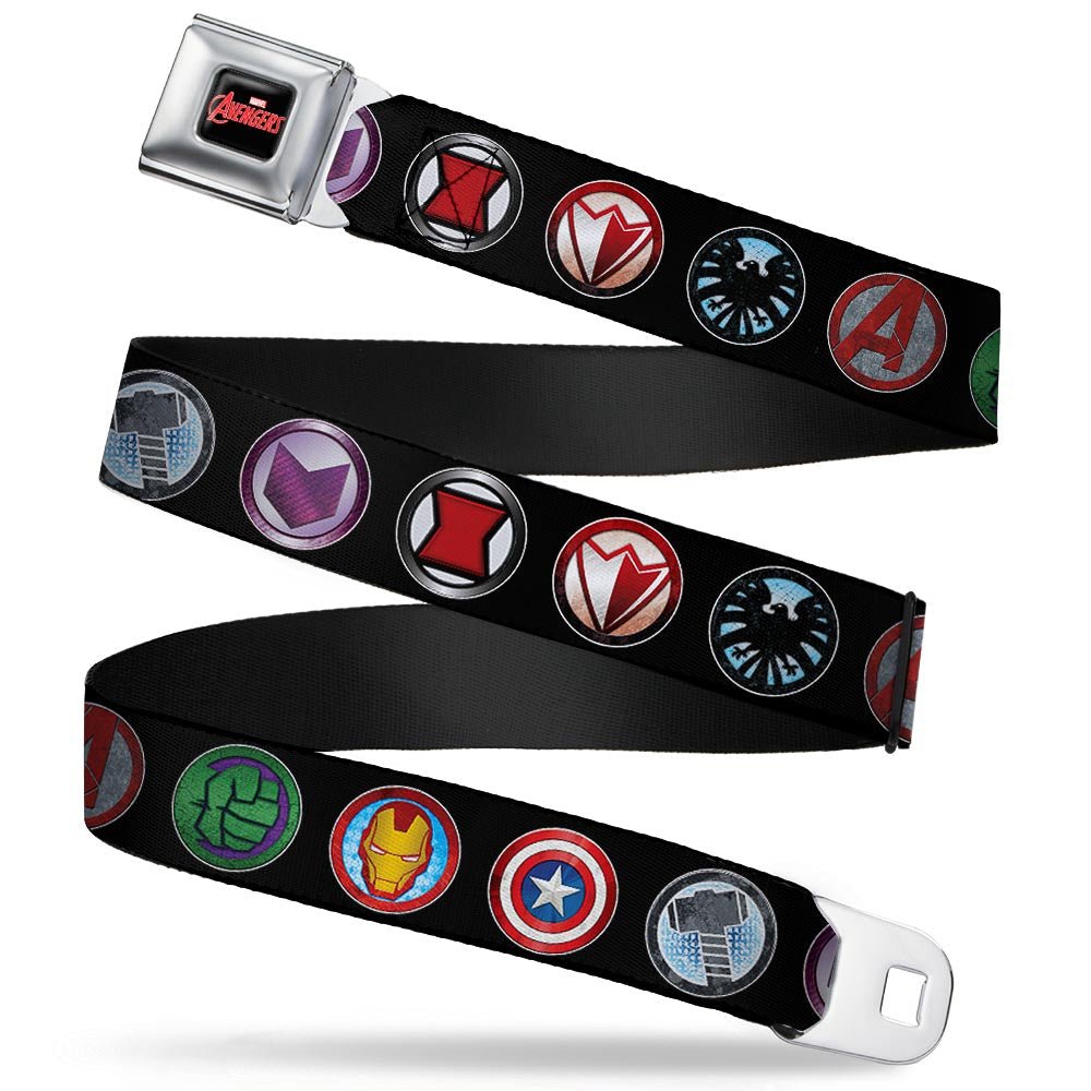 Marvel Avengers Logo Full Color - 9-Avenger Icons Black/Multi Color Webbing Seatbelt Belt-FRONT