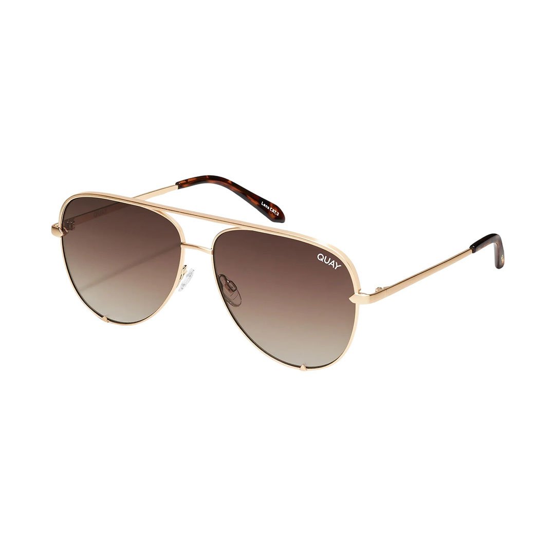 Quay Unisex High Key Classic Aviator Sunglasses - Gold Frame/Brown Fade Lens - Full
