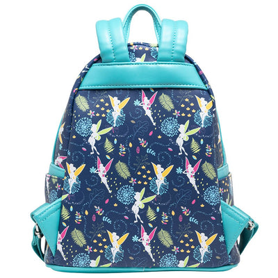 707 Street Exclusive - Loungefly Disney Tinkerbell Glow in the Dark Allover Print Mini Backpack w/ Teal Straps - Back