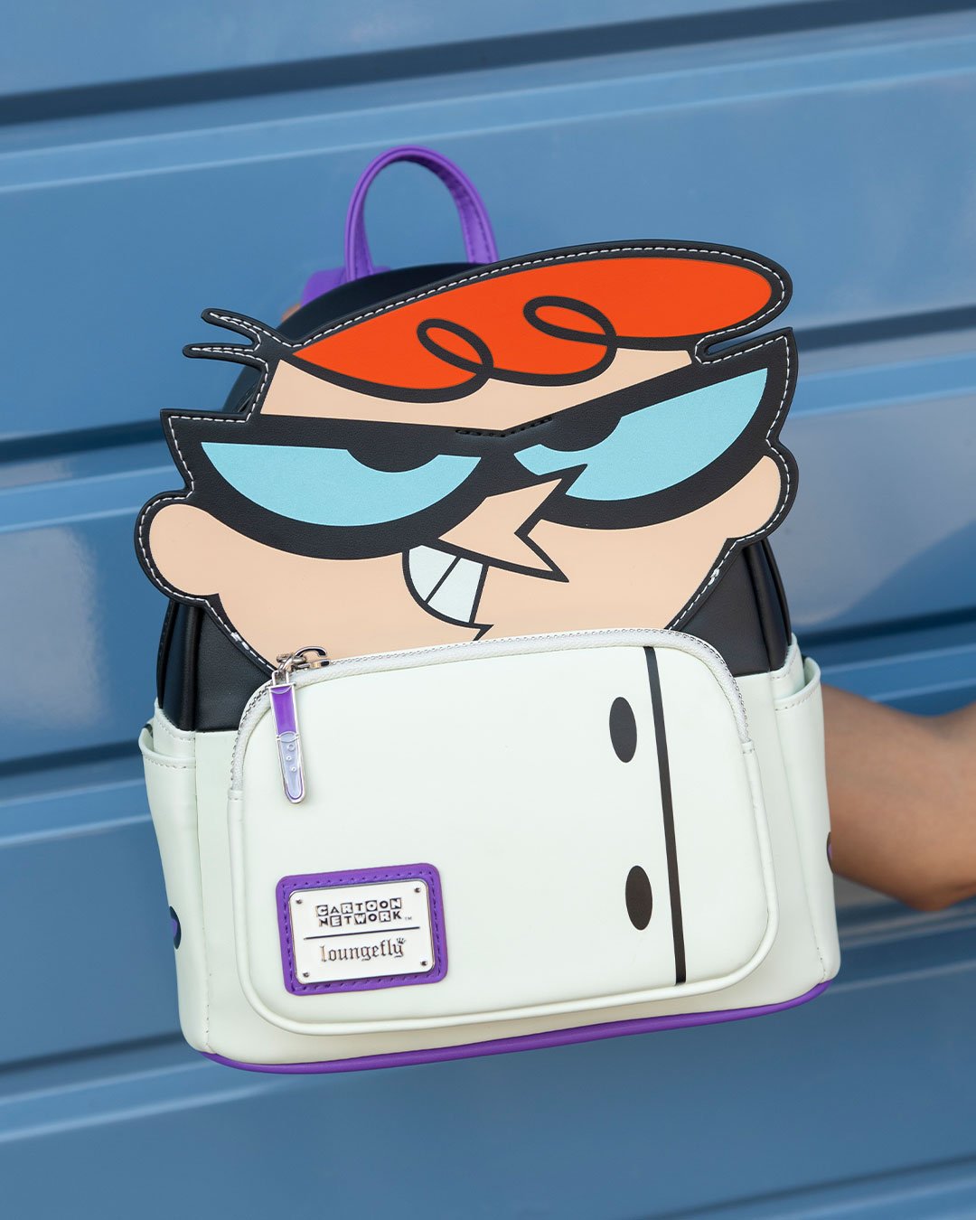 Loungefly Cartoon Network Dexter Glow in the Dark Cosplay Mini Backpack - 707 Street Exclusive - Dexter Loungefly Backpack in Front of Blue Wall