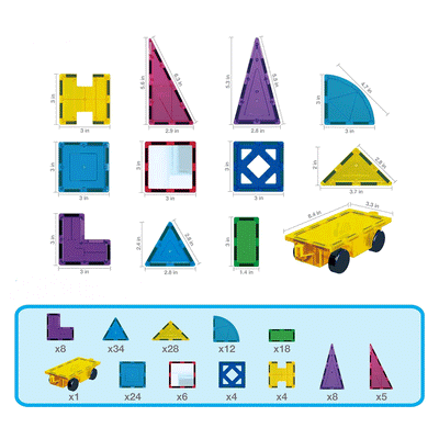 PicassoTiles 152pcs Magnetic Tiles Building Blocks Children's Play Set - Included pieces and their dimensions