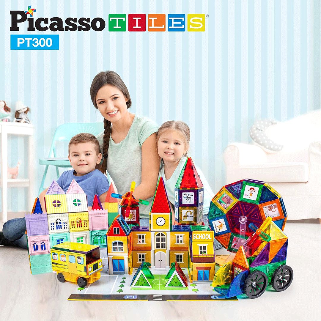 PicassoTiles 300pcs Magnetic Building Blocks 3-in-1 City Theme Children&