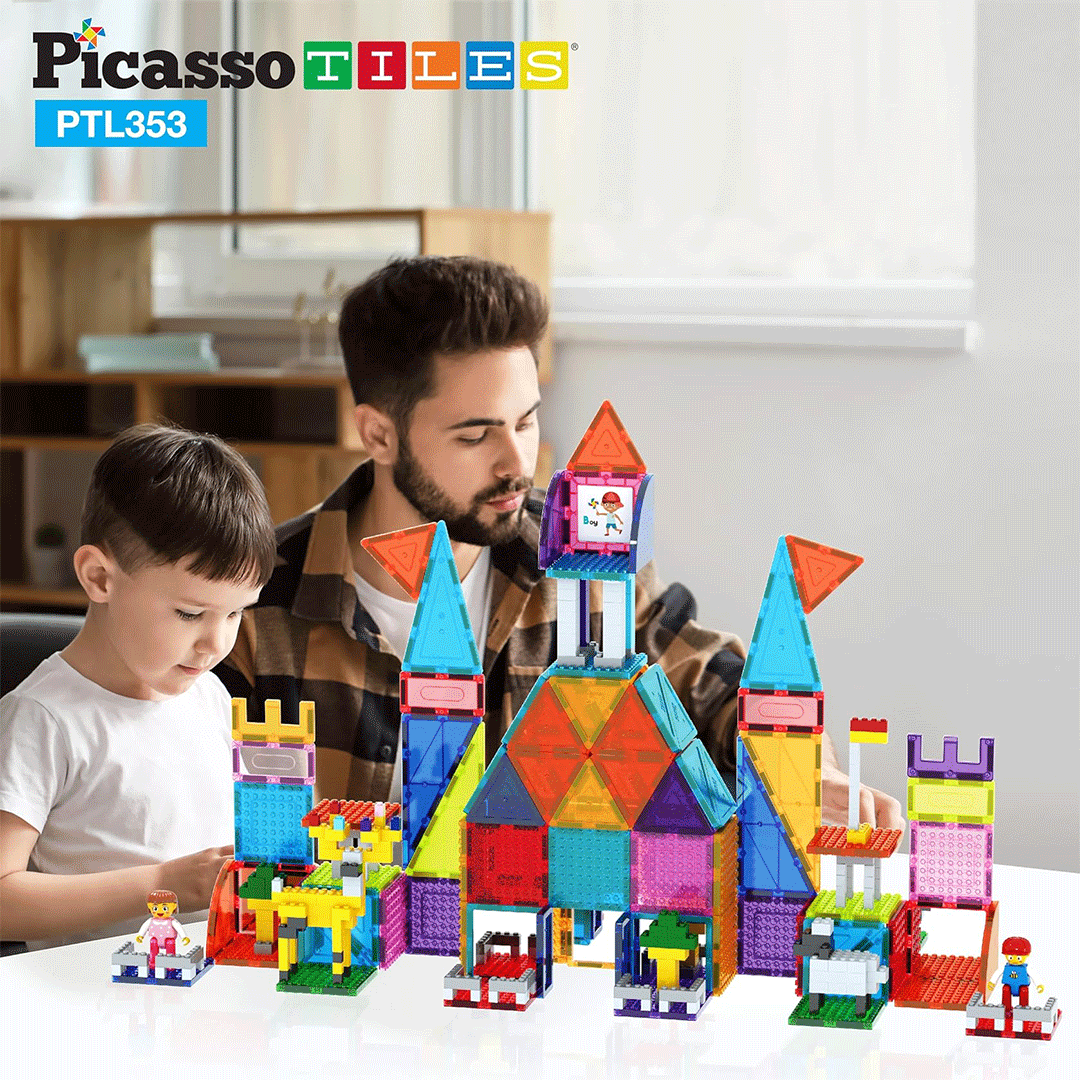 PicassoTiles 353pcs Magnetic Tiles and Bricks Combo Children's Play Set - Lifestyle