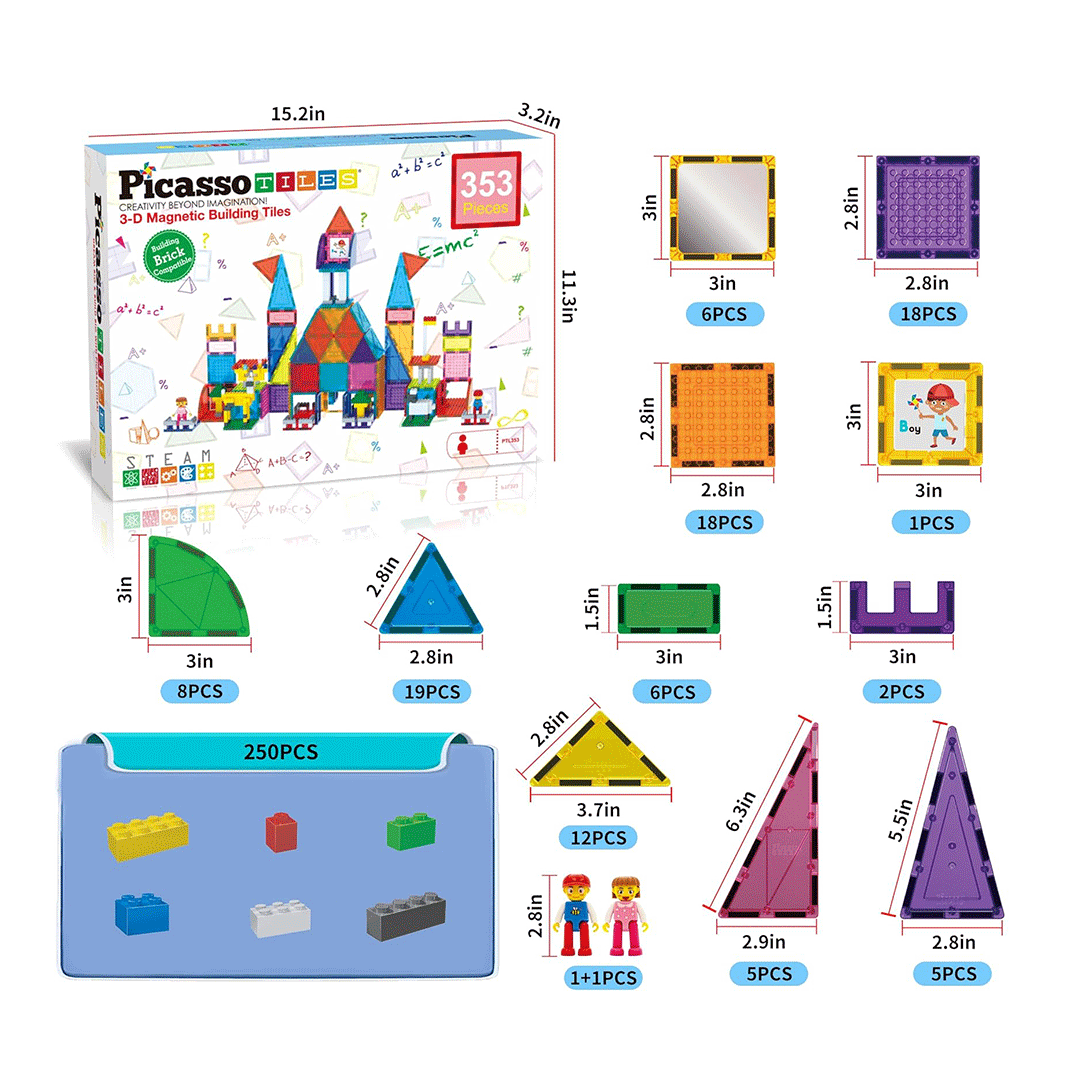 PicassoTiles 353pcs Magnetic Tiles and Bricks Combo Children&