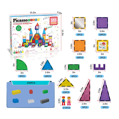 PicassoTiles 353pcs Magnetic Tiles and Bricks Combo Children's Play Set - Pieces included in the box