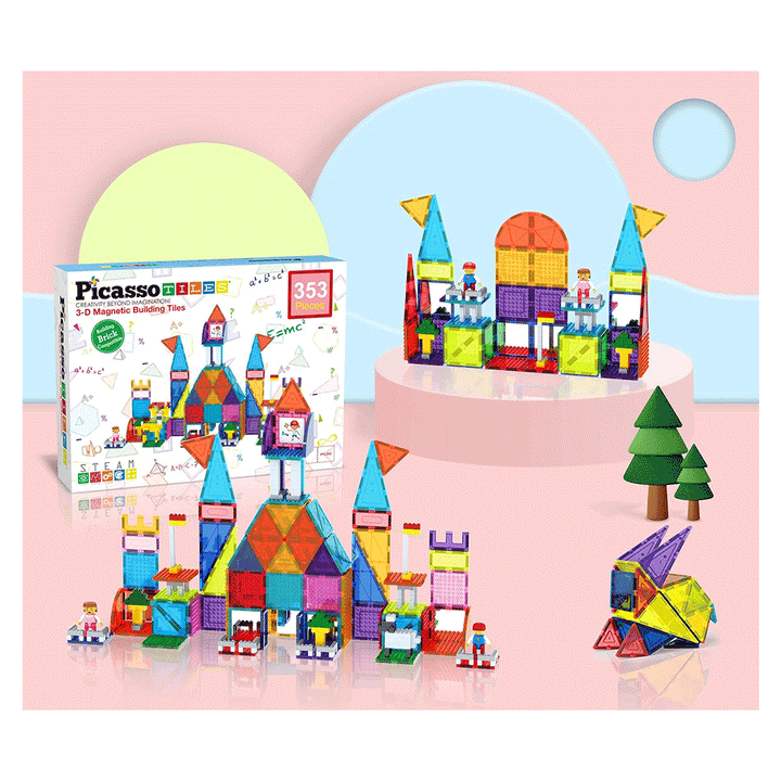 PicassoTiles 353pcs Magnetic Tiles and Bricks Combo Children&