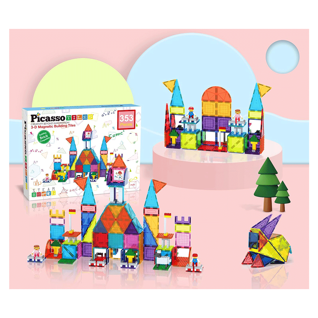 PicassoTiles 353pcs Magnetic Tiles and Bricks Combo Children's Play Set - Example builds