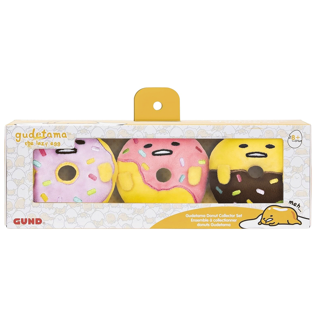 GUND Sanrio Gudetama Donut Collector Set of Three 3.5" Plush Toy - Front of stuffed animal in box