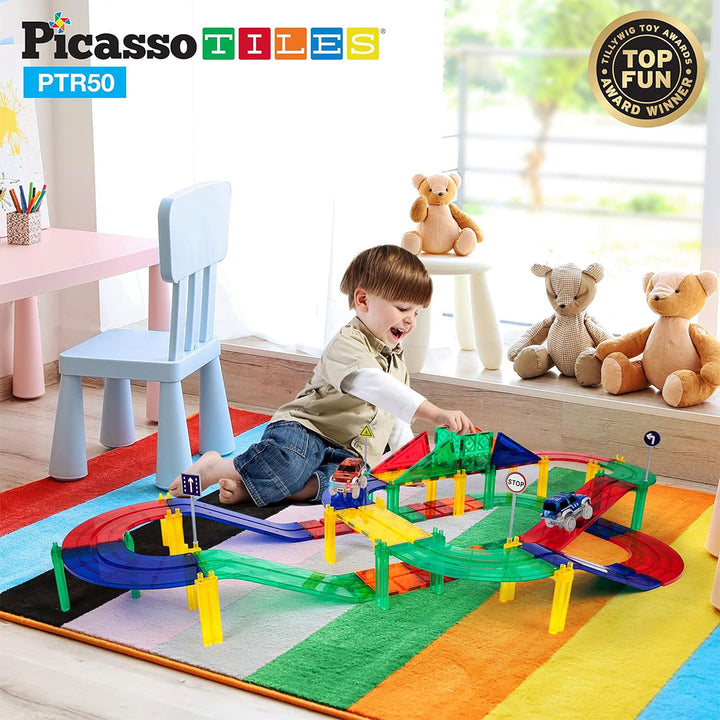 PicassoTiles 50pc Race Car Track Magnetic Building Blocks Children&