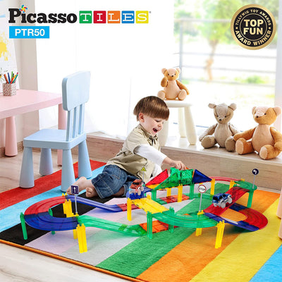 PicassoTiles 50pc Race Car Track Magnetic Building Blocks Children's Play Set - Lifestyle