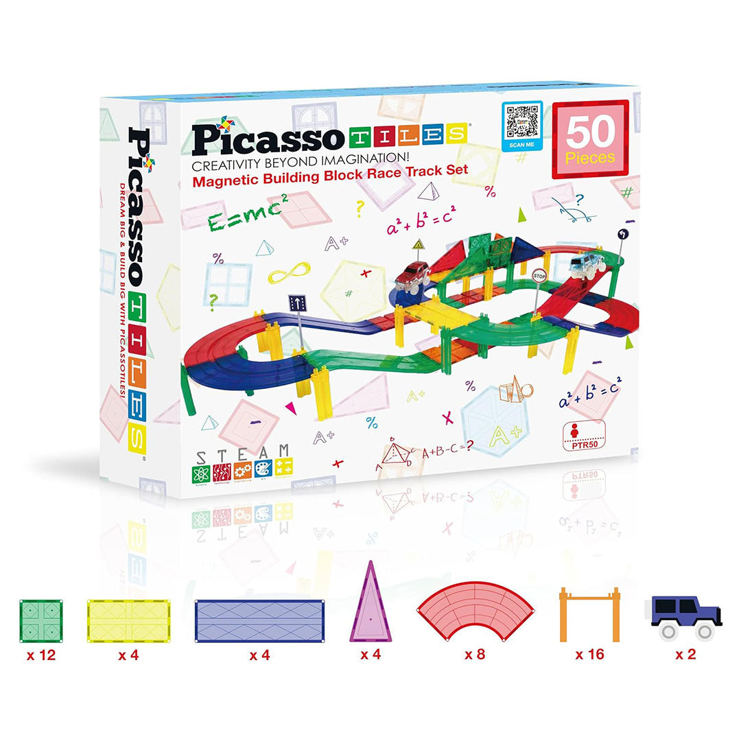 PicassoTiles 50pc Race Car Track Magnetic Building Blocks Children&
