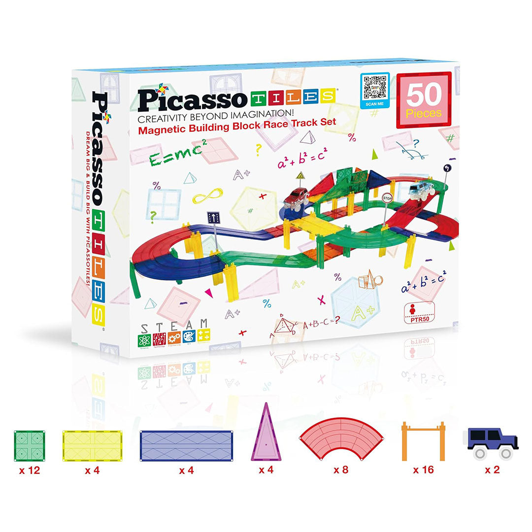 PicassoTiles 50pc Race Car Track Magnetic Building Blocks Children's Play Set - What's in the box