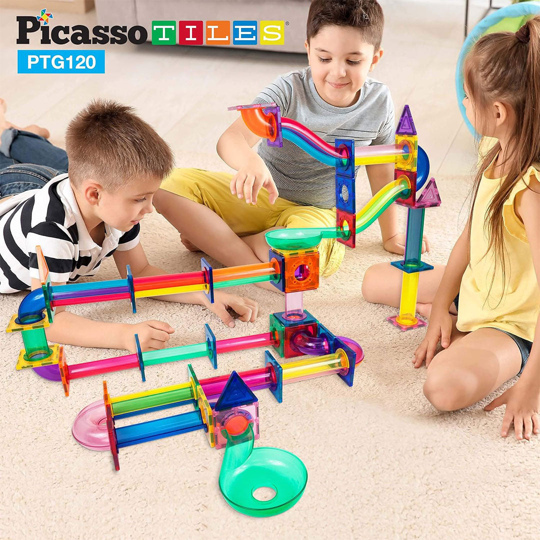 PicassoTiles 120pc Marble Run Magnetic Tile Children's Play Set - Lifestyle