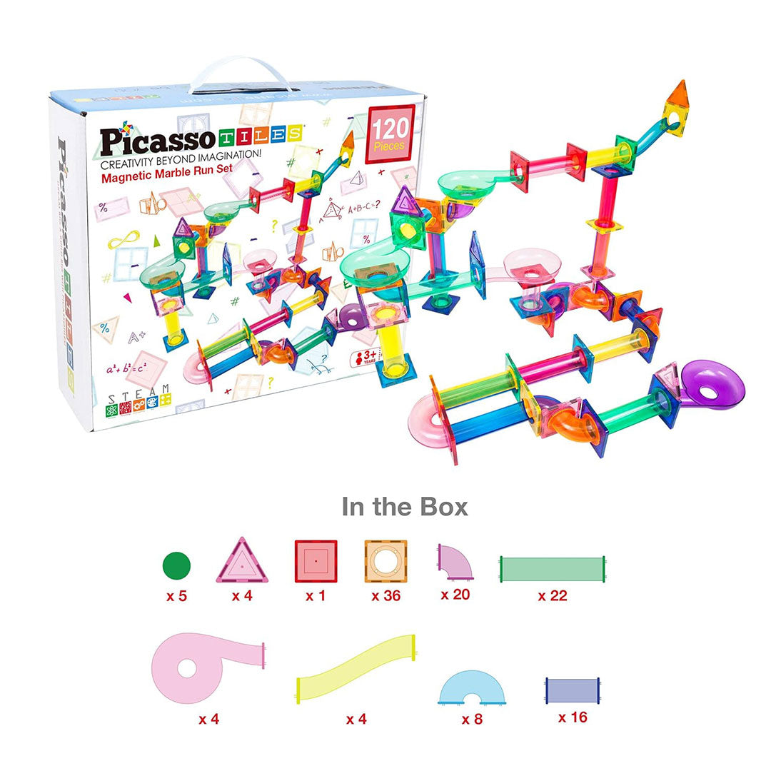 PicassoTiles 120pc Marble Run Magnetic Tile Children's Play Set - What's in the box