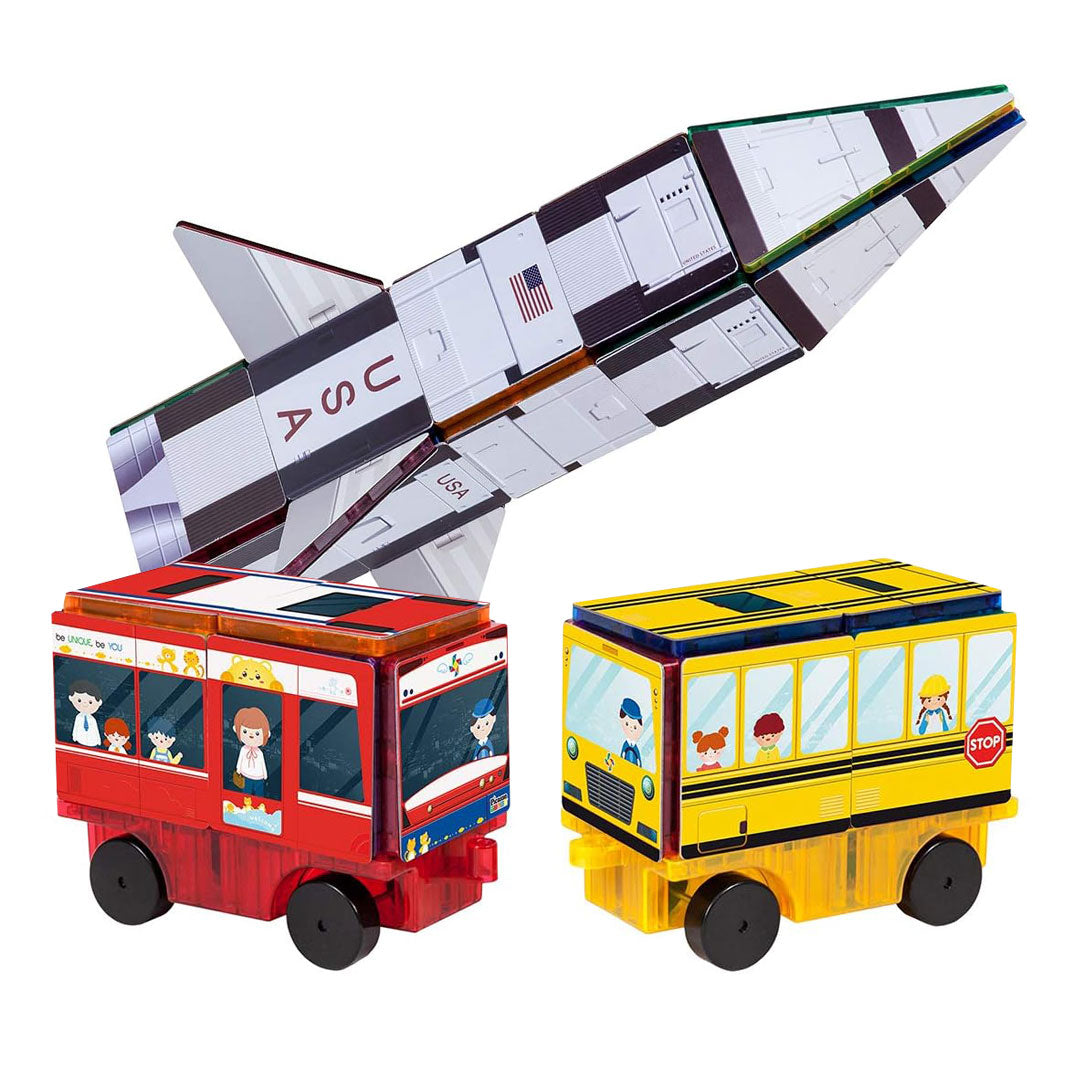 PicassoTiles 64pcs 3-in-1 Bus, Rocket, and Train Theme Magnetic Tiles Children's Play Set - Full set