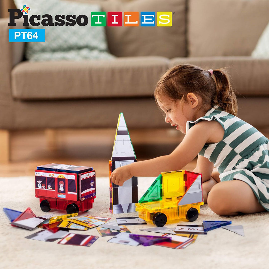 PicassoTiles 64pcs 3-in-1 Bus, Rocket, and Train Theme Magnetic Tiles Children&