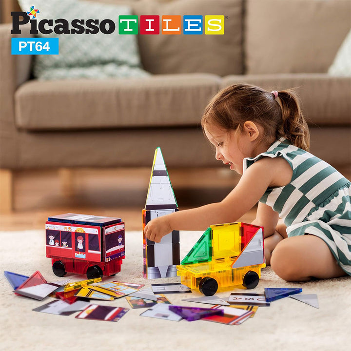 PicassoTiles 64pcs 3-in-1 Bus, Rocket, and Train Theme Magnetic Tiles Children&