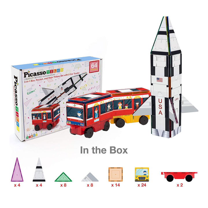 PicassoTiles 64pcs 3-in-1 Bus, Rocket, and Train Theme Magnetic Tiles Children&