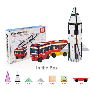 PicassoTiles 64pcs 3-in-1 Bus, Rocket, and Train Theme Magnetic Tiles Children's Play Set - Contents