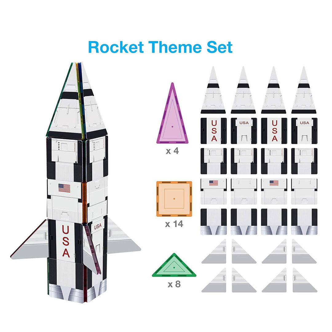 PicassoTiles 64pcs 3-in-1 Bus, Rocket, and Train Theme Magnetic Tiles Children's Play Set - Rocket set pieces