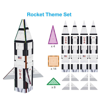 PicassoTiles 64pcs 3-in-1 Bus, Rocket, and Train Theme Magnetic Tiles Children's Play Set - Rocket set pieces