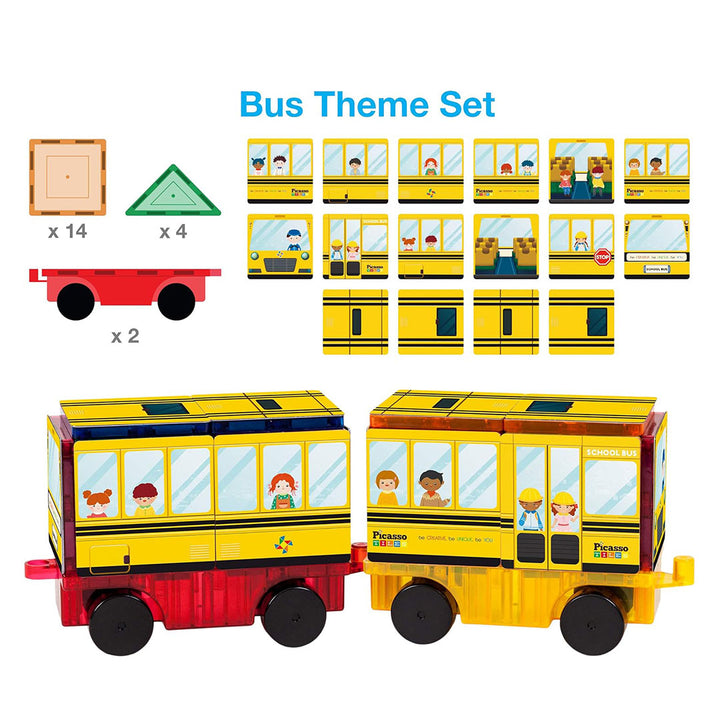 PicassoTiles 64pcs 3-in-1 Bus, Rocket, and Train Theme Magnetic Tiles Children&