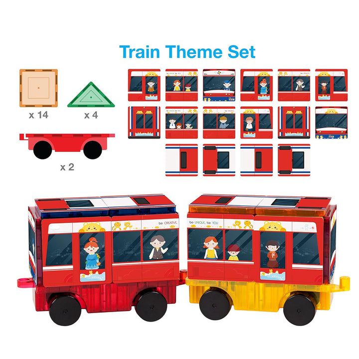 PicassoTiles 64pcs 3-in-1 Bus, Rocket, and Train Theme Magnetic Tiles Children&