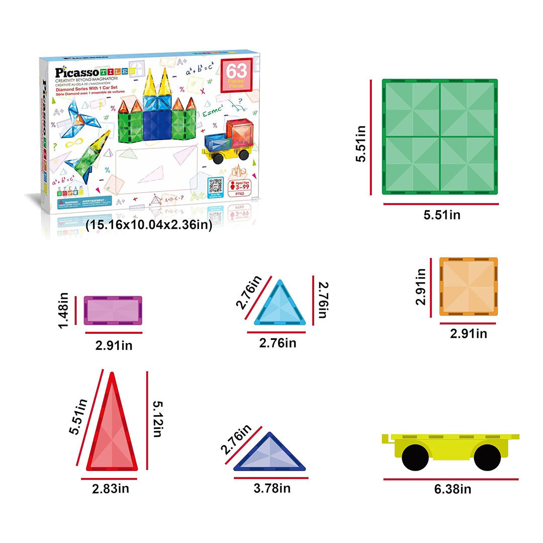 PicassoTiles 63pcs Diamond Series with 1 Car Magnetic Tiles Children&