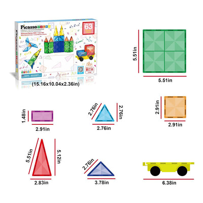 PicassoTiles 63pcs Diamond Series with 1 Car Magnetic Tiles Children's Play Set - Included pieces and dimensions