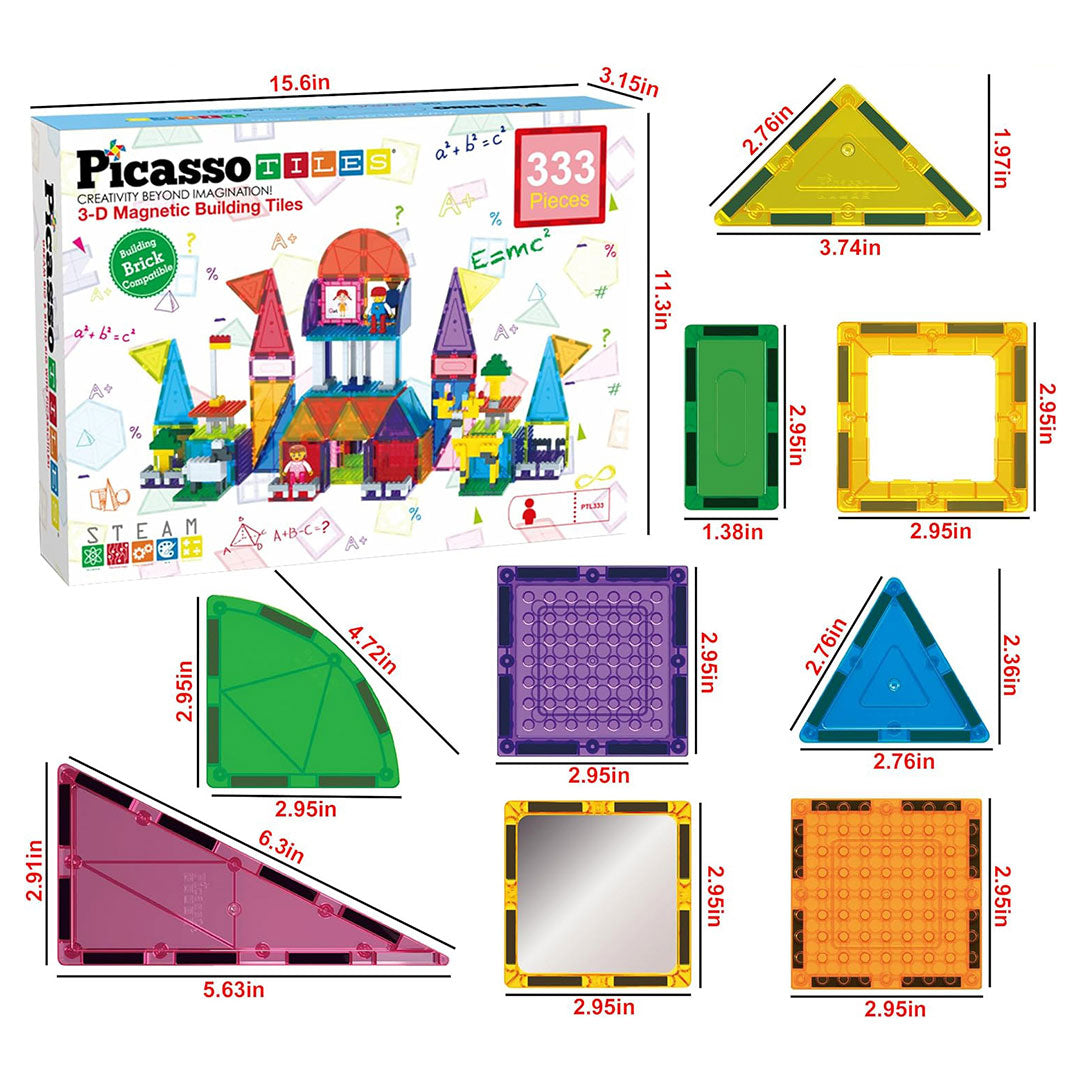 PicassoTiles 333pc Magnetic Tiles and Bricks Combo Children's Play Set - Dimensions