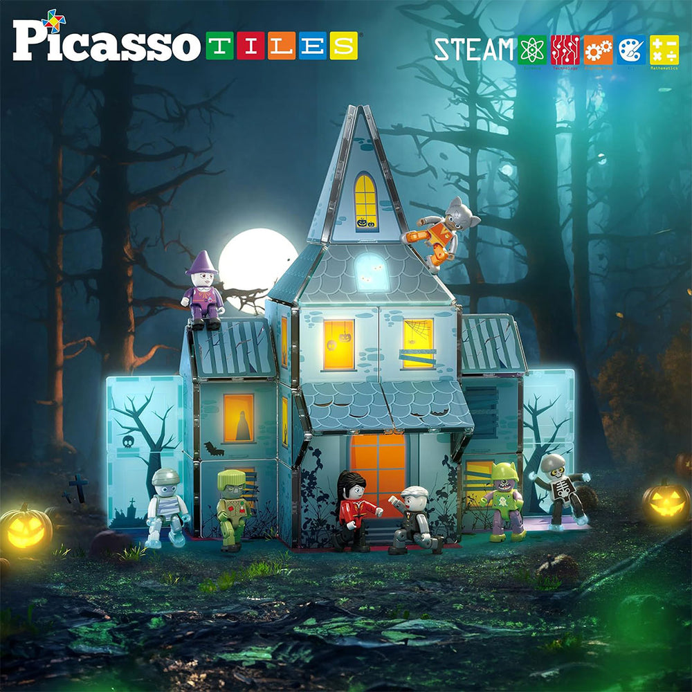 PicassoTiles 57pc Haunted House Magnetic Tiles Children's Play Set - Example build