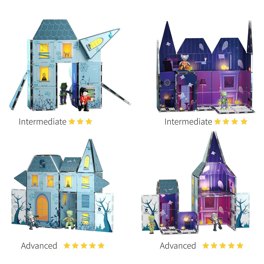 PicassoTiles 57pc Haunted House Magnetic Tiles Children's Play Set - Building ideas at different levels