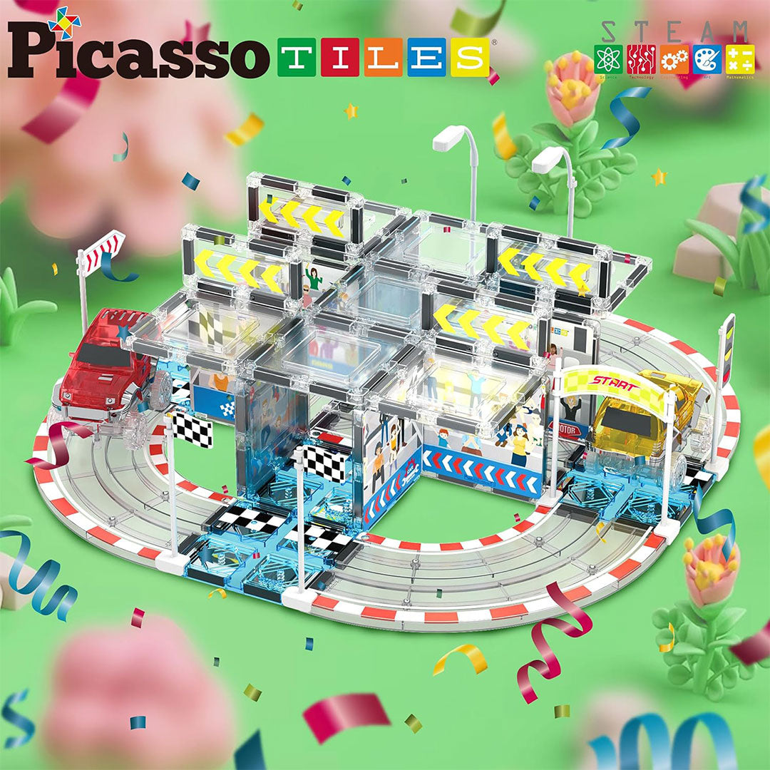 PicassoTiles 64pc Race Car Track Magnetic Building Blocks Children&