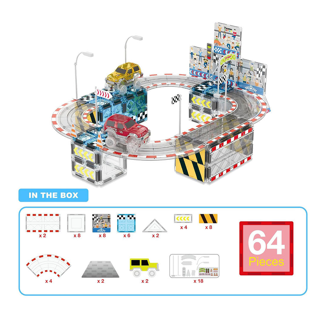 PicassoTiles 64pc Race Car Track Magnetic Building Blocks Children&