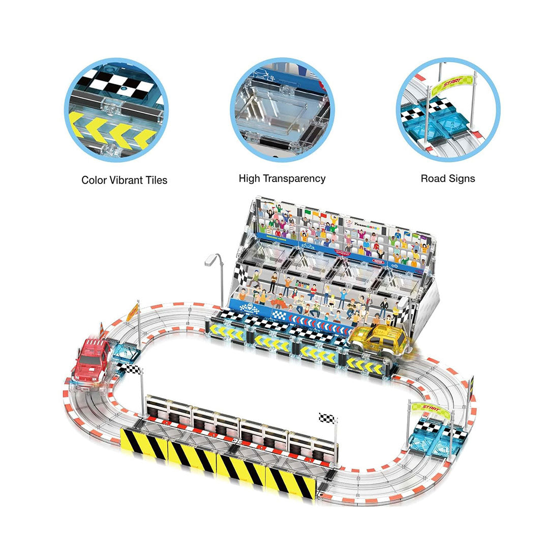 PicassoTiles 64pc Race Car Track Magnetic Building Blocks Children's Play Set - Features