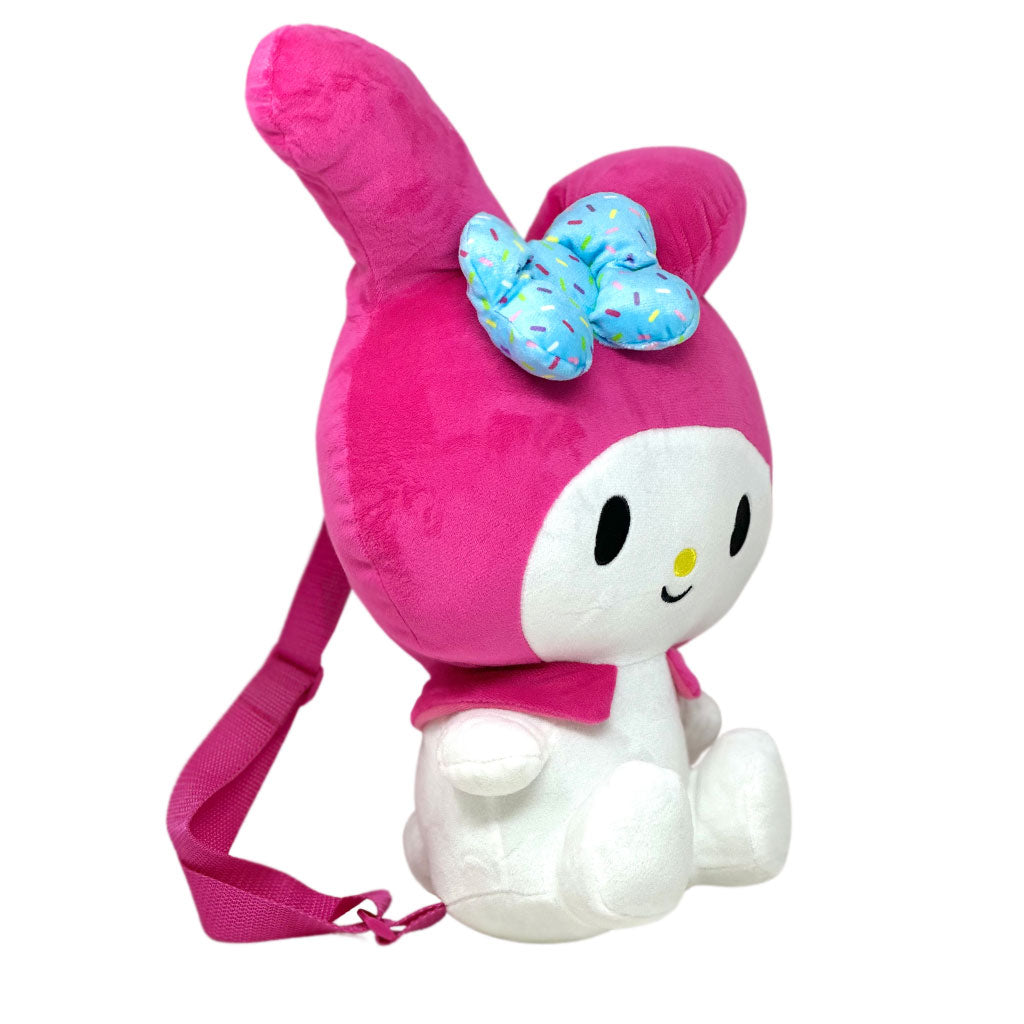 Accessory Innovations Sanrio 14" My Melody Plush Backpack - Side View with Pink Straps and Blue Bow with Sprinkles 