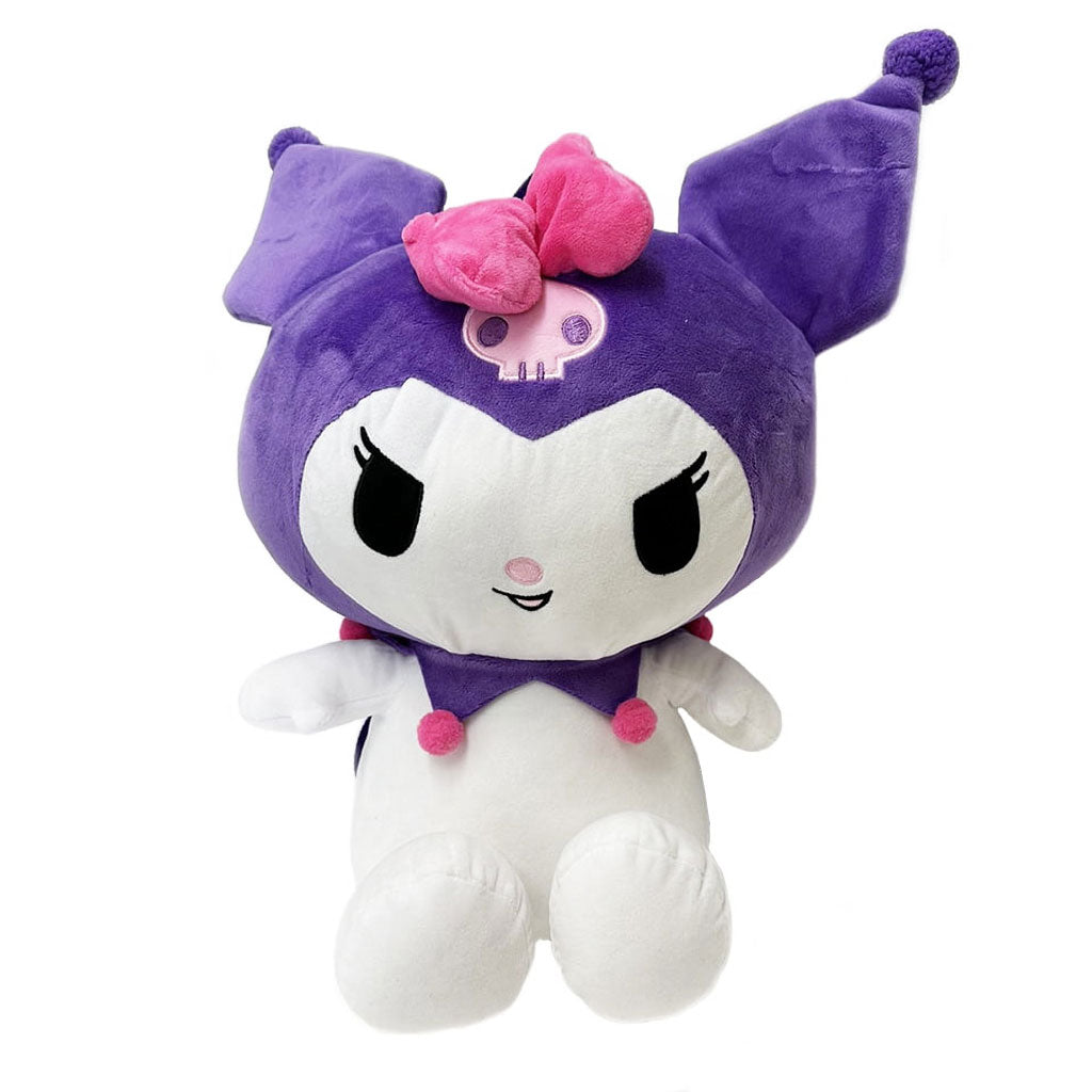 Accessory Innovations Sanrio Kuromi 14" Purple Plush Backpack - Front of Sanrio Kuromi Plush Backpack with Pink Bow and Purple Headpiece