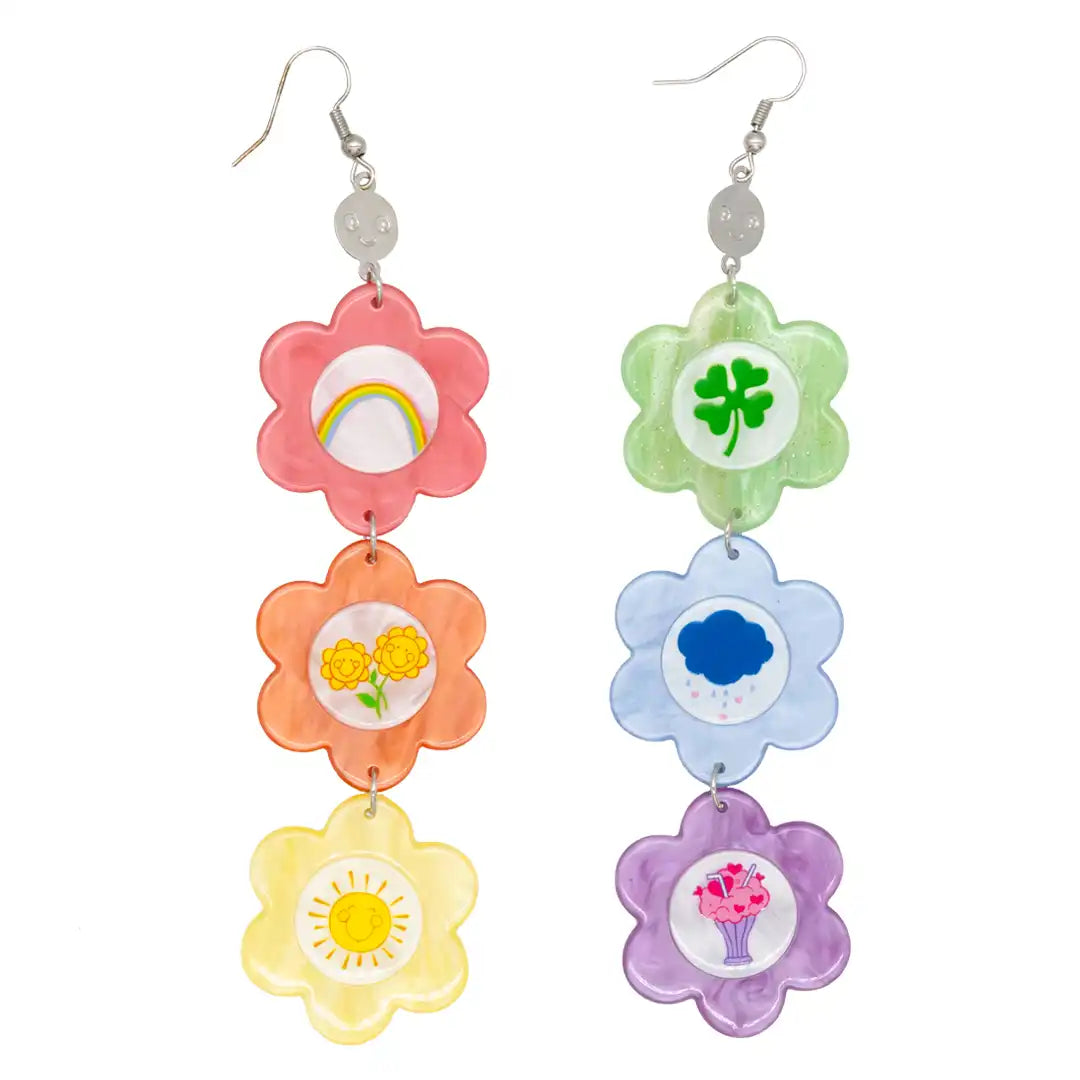 Whatever Makes You Happy Care Bears Flower Belly Badges Layered Acrylic Earrings